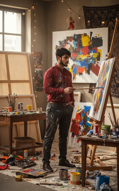 A creative artist man in a paint-splattered shirt, standing in his messy studio, holding a brush, with abstract art visible in the background, bohemian atmosphere.