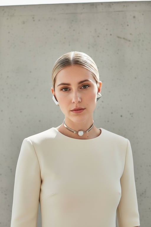 Minimalist cream dress, sleek hairstyle, metallic choker, neutral concrete background, calm facial expression.