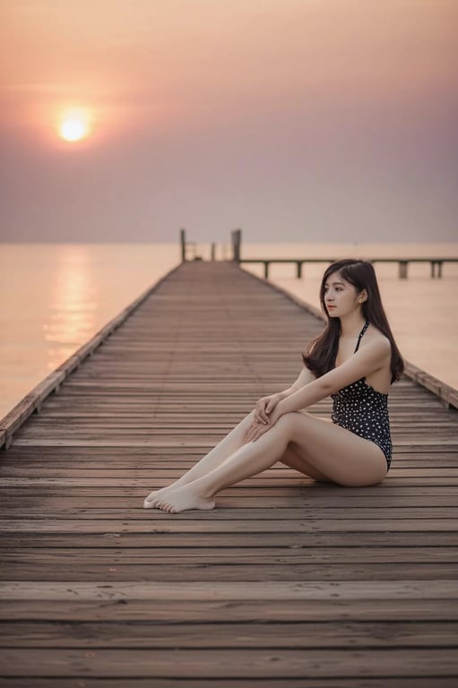 Tankini filter after transformation - portrait in a retro tankini with vintage seaside atmosphere