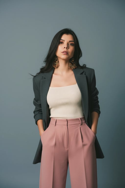 a portrait of a woman, modern cool aesthetic, muted color palette, even lighting, clean composition, studio setting.