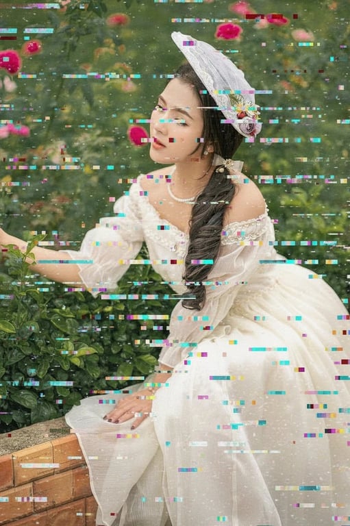 AI glitch effect filter after transformation - full body photo stylized with AI digital interference