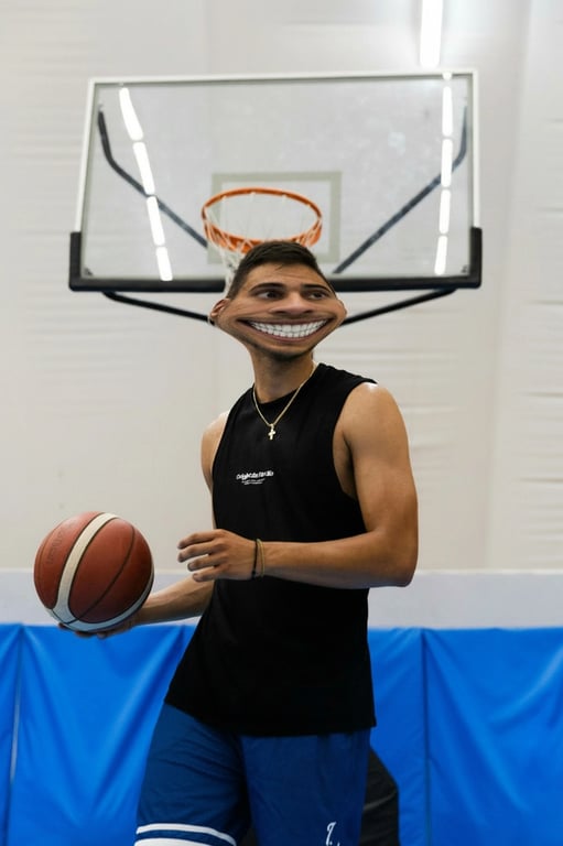 AI ugly filter after photo- funny man playing basketball