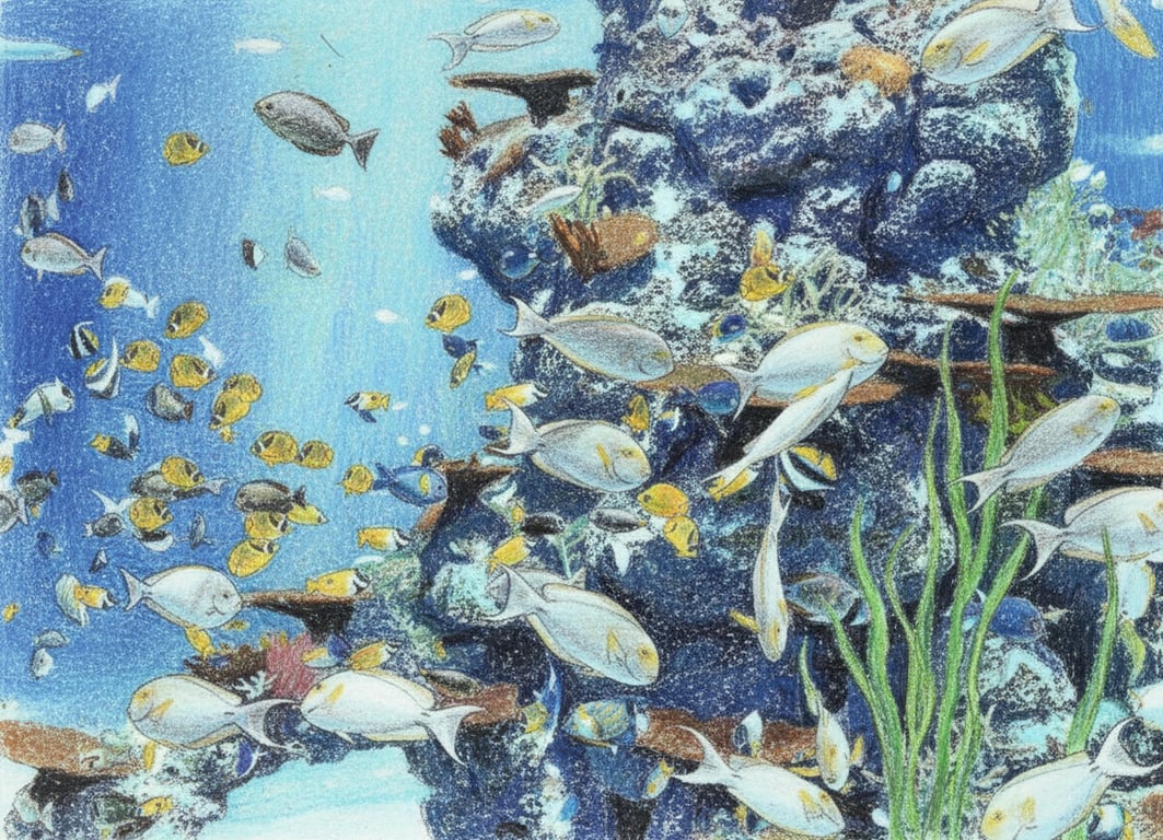 A crayon-style drawing of an underwater scene with fish and seaweed, showing the grainy, uneven fill typical of wax crayons, on a light blue paper.