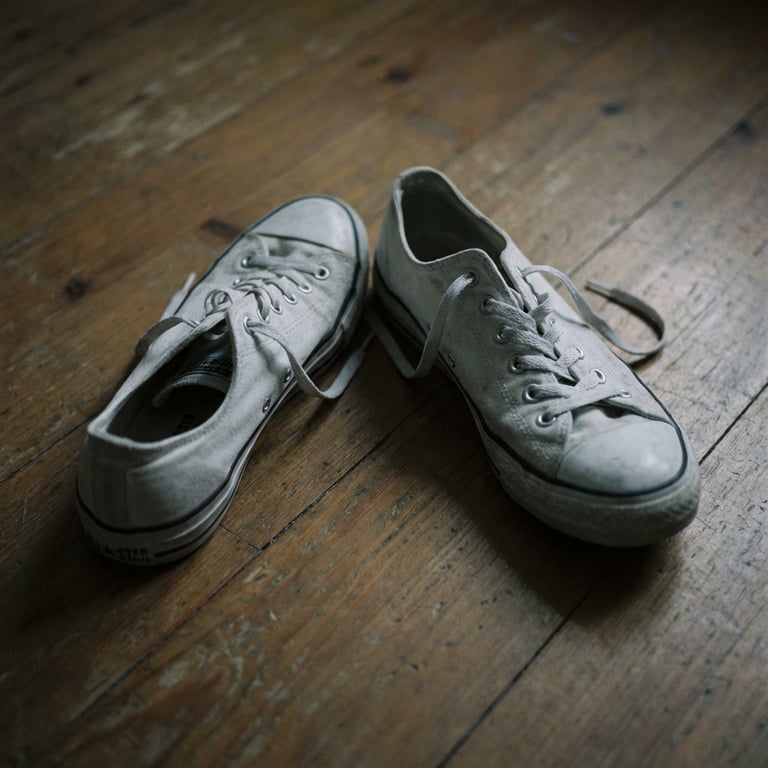 Refine the white sneaker into an elegant display on a high street in a studio setting with dramatic, directional lighting that highlights its facets, creating strong contrasts and a sharp, modern aesthetic.