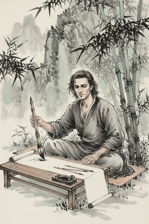 a portrait of a man practicing calligraphy under a grove of bamboo, xieyi ink style, energetic brushstrokes for bamboo, splashed ink background, scholarly atmosphere.