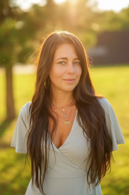 a portrait of a person enhanced with sunset lighting effects, including soft rim light, warm skin tones, and subtle atmospheric glow