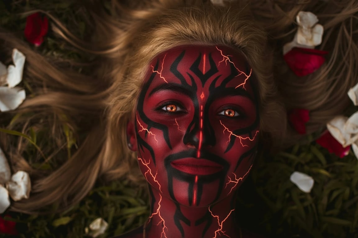 ai-demon-filter after pic - subtle demon face paint with glowing cracks and red eyes