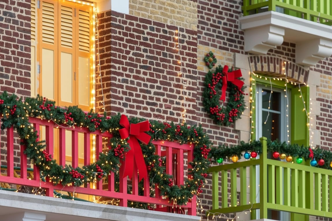 Christmas photo editor after photo - a colorful balcony with Christmas decoration