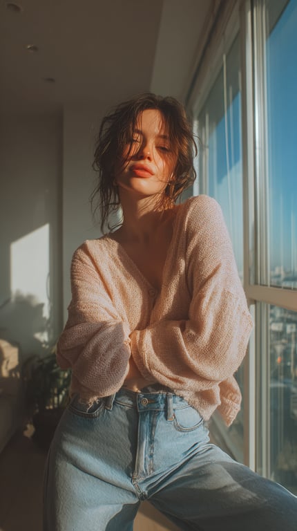 AI lingerie filter before photo - portrait in casual outfit before lingerie transformation