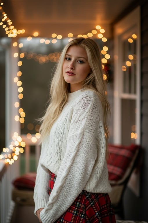 A woman in a white cable knit sweater and red plaid skirt standing on a porch decorated with warm holiday lights.