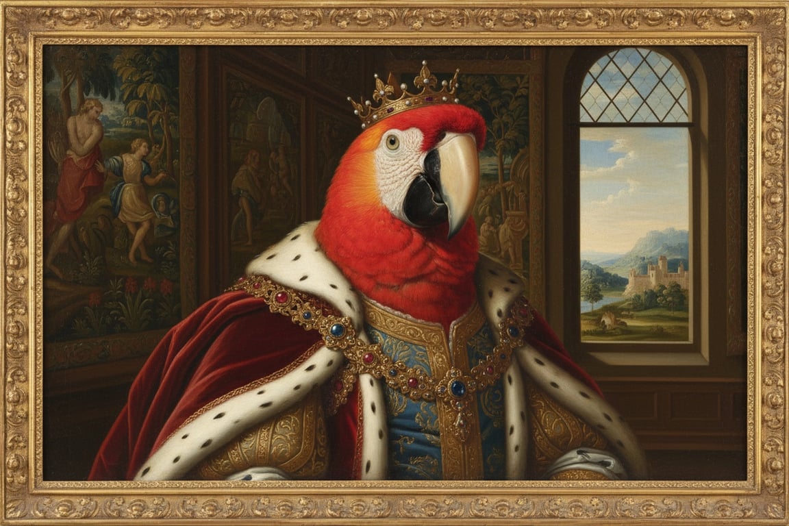 AI pet portrait generator free after pic - colorful macaw turned into a Renaissance royal painting with ornate velvet robes and gold jewelry