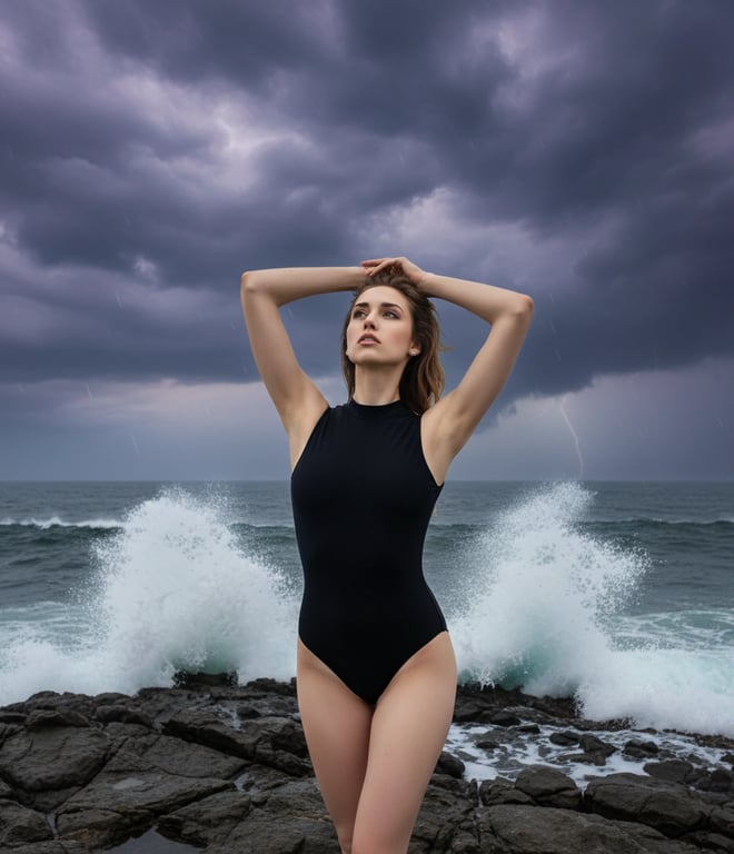 a portrait of a woman wearing a high-neck one-piece swimsuit, on a rocky coastal cliff with ocean waves