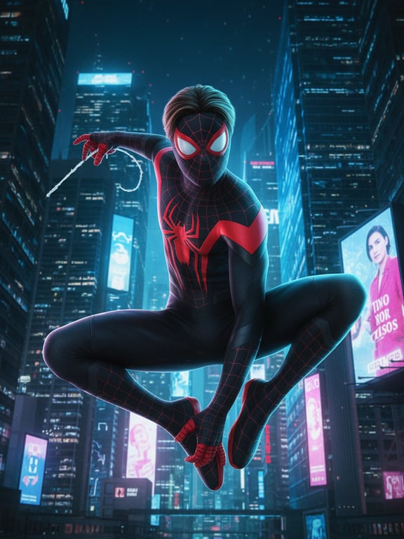 a portrait of a person reimagined as a spider-themed superhero, with dynamic posture, expressive body language, and a city-inspired background reinforcing agility and movement