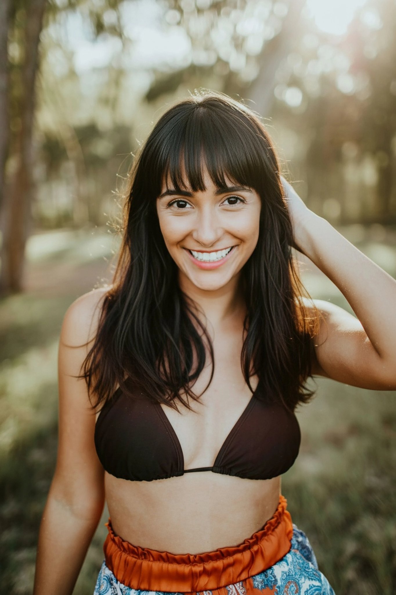 AI bangs filter after transformation - outdoor photo with new hairstyle including bangs