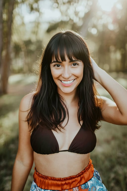 AI bangs filter after transformation - outdoor photo with new hairstyle including bangs