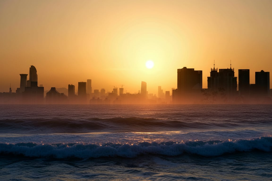 A photo of a city skyline at dusk seamlessly blending into a photo of ocean waves, with the buildings fading into the water, color gradient transition.