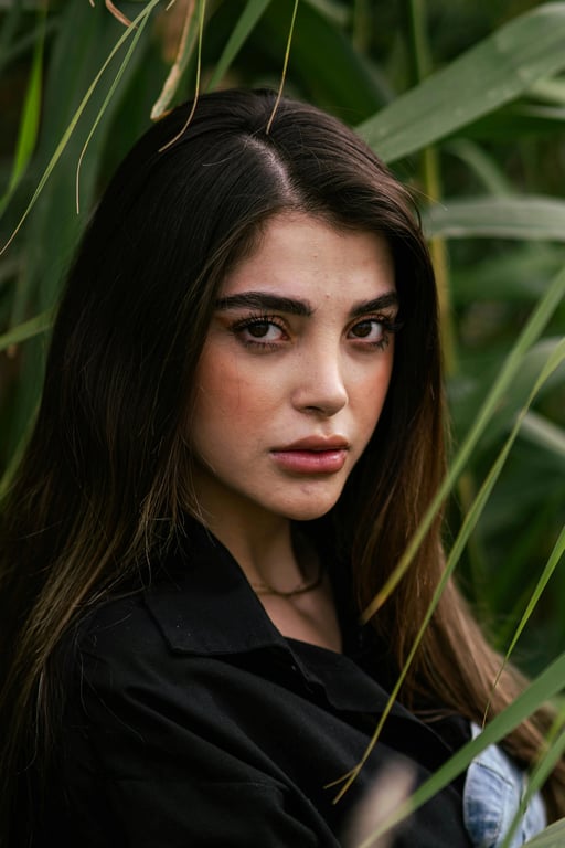 a portrait of a person styled with high-fashion elements, statement outfit details, strong silhouette, confident stance, controlled lighting, and a clean editorial background