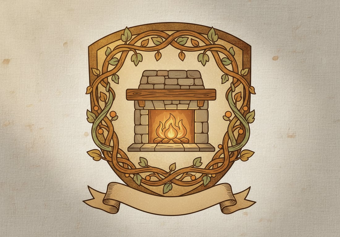 Generate a warm and welcoming family crest using the exact golden-hour color palette from the photo. Design a central hearth motif surrounded by intertwining vines, reflecting the cozy, gathered atmosphere.
