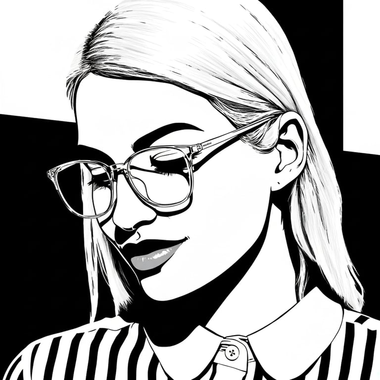 a portrait of a woman, black and white high contrast, stark tonal separation, strong graphic quality, minimalist background.