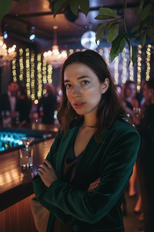 a portrait of a woman transformed into a sharp velvet blazer outfit with moody lounge lighting and sophisticated party atmosphere