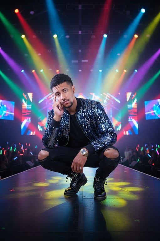 a portrait of a man transformed into a K-pop stage outfit, wearing a sequined jacket and ripped jeans under colorful concert spotlights
