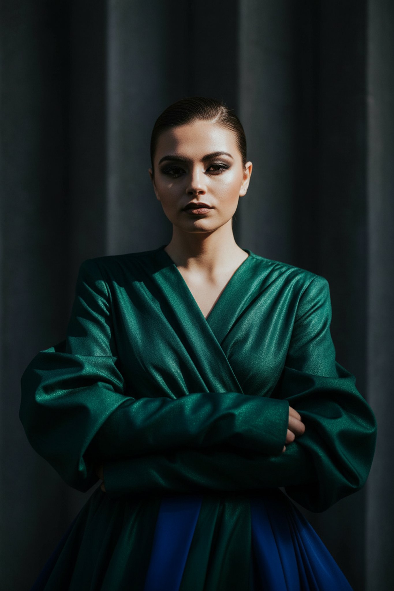 Green structured gown with dramatic sleeves, crossed arms, bold makeup, low-key moody backdrop.