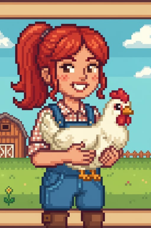 A pixel art portrait of a female farmer with a red ponytail and overalls, smiling, holding a chicken, in the classic Stardew Valley dialogue box style.
