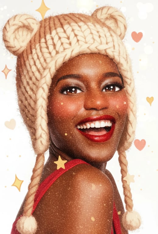 a portrait of a woman edited with a cozy kawaii filter, featuring warm tones, knitted texture overlay, and cute animal ear hat