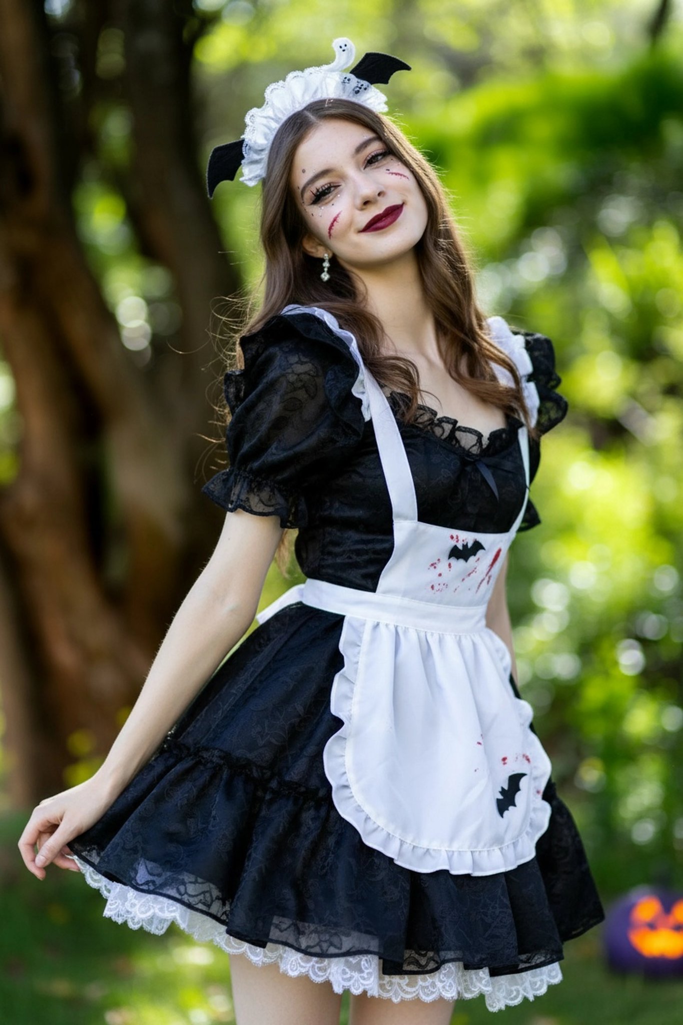 AI Halloween costume filter after transformation - woman portrait in spooky Halloween costume