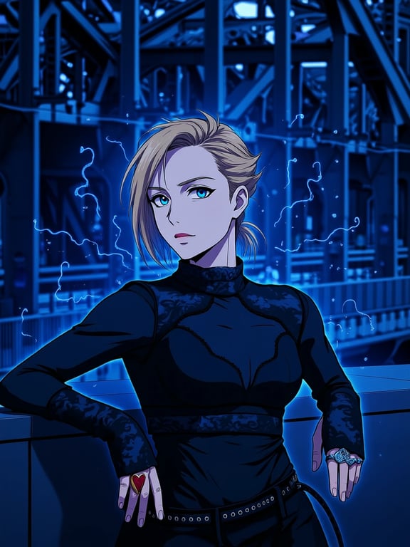 a portrait of a person transformed with Jujutsu Kaisen–inspired visuals, featuring modern clothing structure, dark palette, and subtle cursed energy effects