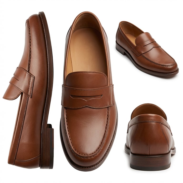 Generate a single image that presents the same but brand new loafer in multiple angles within a clean e-commerce layout, including one main front view (center, largest), one side view (showing the profile, depth, and structural details), one three-quarter perspective view (slightly rotated to show overall shape and texture), and a detailed back view, all arranged in a balanced horizontal layout with soft studio lighting on a pure white background, highlighting its pristine condition and design features.