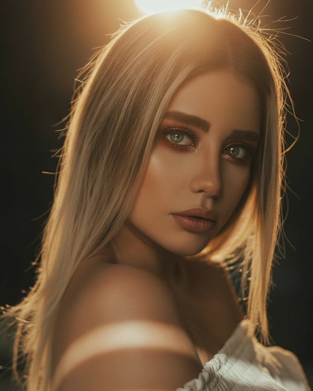 A backlit portrait where the sun is strategically placed behind the subject's head to create a glowing hair light effect and a soft, ethereal silhouette.