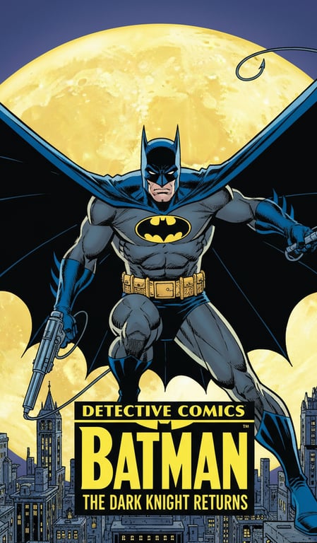 Batman in a classic comic book cover pose, grappling hook in hand, cape billowing dramatically, bright yellow moon in the sky, bold title logo.