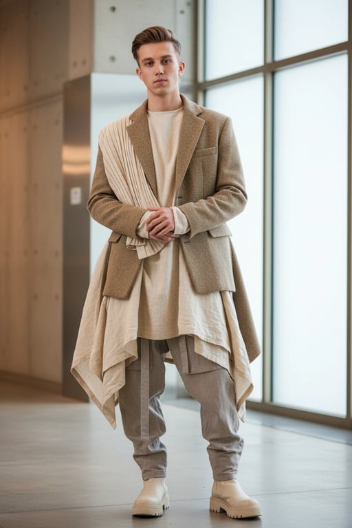 a portrait of a person enhanced with extreme fashion styling, neutral tones, smooth lighting, composed posture, and slightly detailed modern background