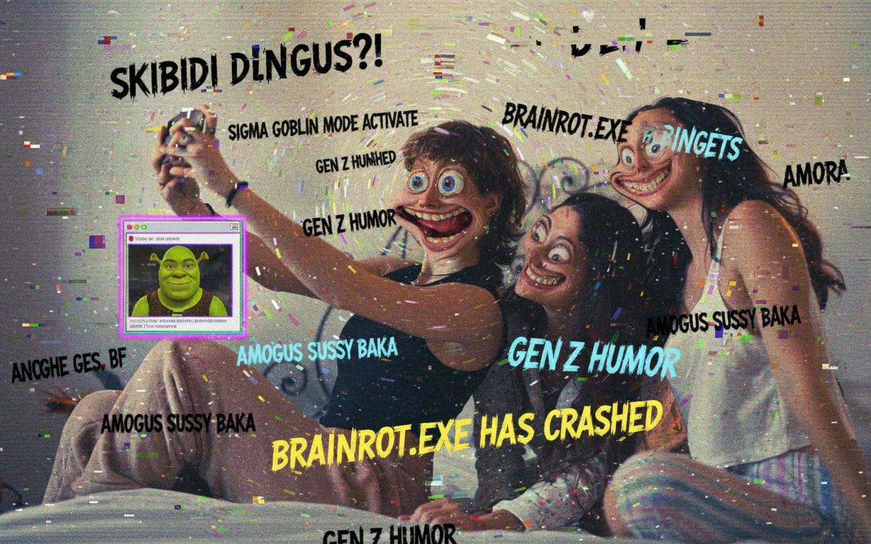 a surreal meme image, brainrot aesthetic, glitch effects, distorted familiar characters, nonsensical text overlay, vibrant clash of colors.