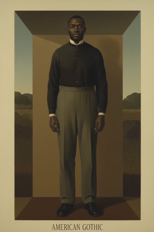 a portrait of a person rendered in a traditional American Gothic painting style featuring precise facial realism, stiff upright posture, muted natural colors, flat even lighting, minimal dramatization, and a distinctly American early-20th-century rural aesthetic