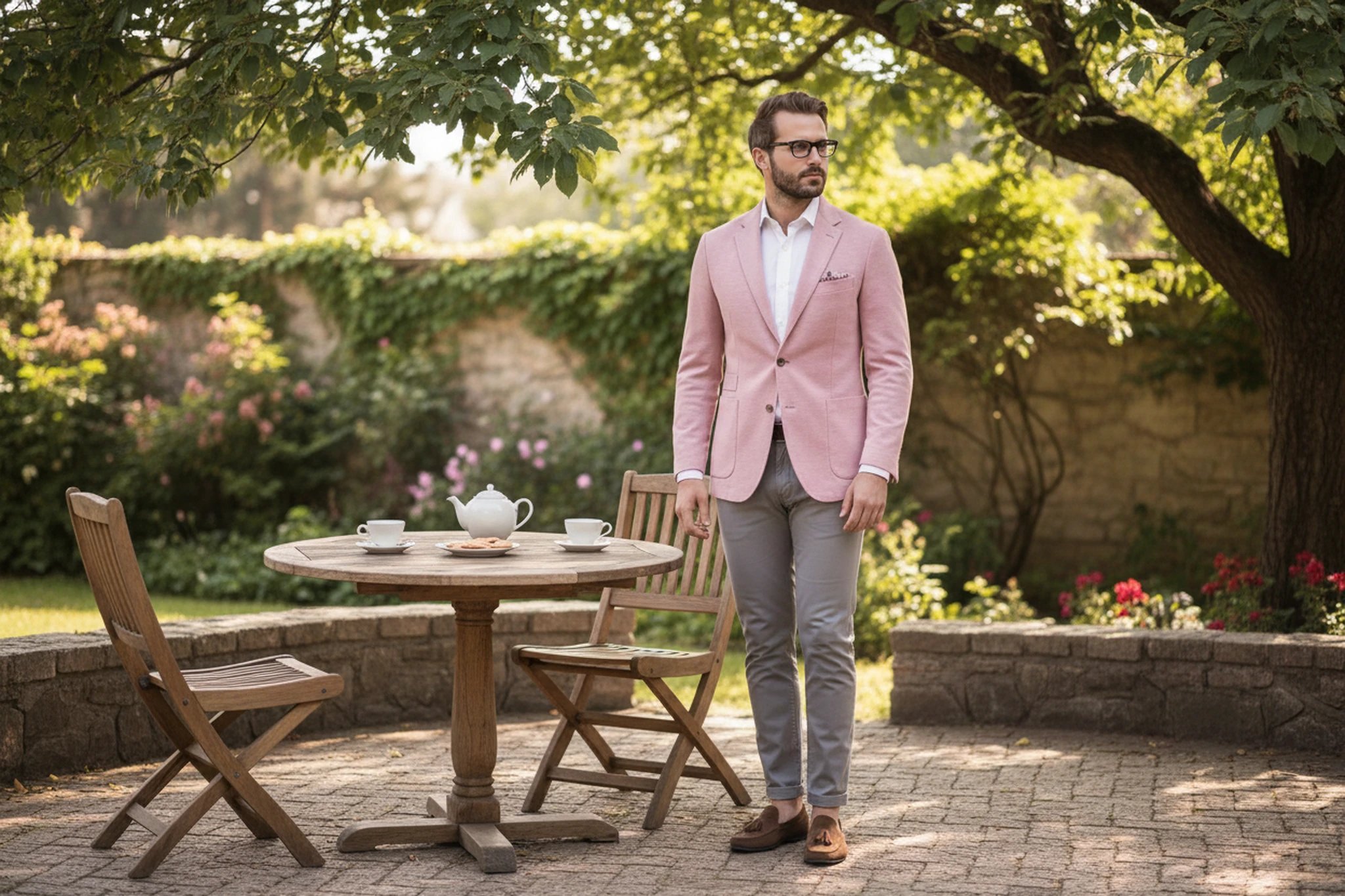 Tea Party Outfits filter after transformation - portrait in pastel blazer tea party outfit in a soft garden background