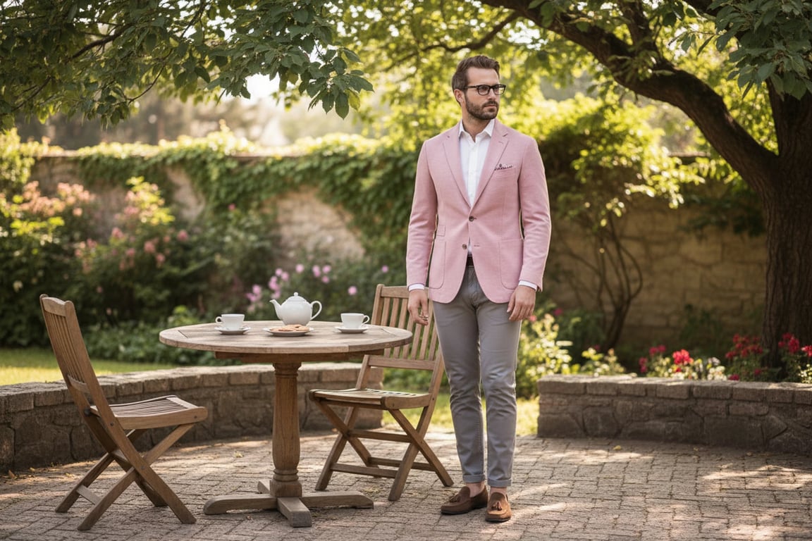 Tea Party Outfits filter after transformation - portrait in pastel blazer tea party outfit in a soft garden background