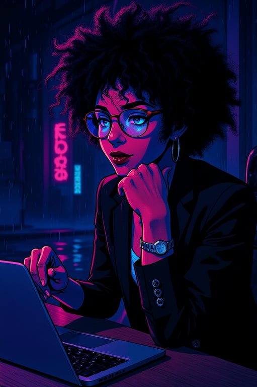 A gritty, cyberpunk-inspired portrait in 90s anime style, with neon light reflections on the face, dark shadows, and a rain-slicked cityscape in the background.
