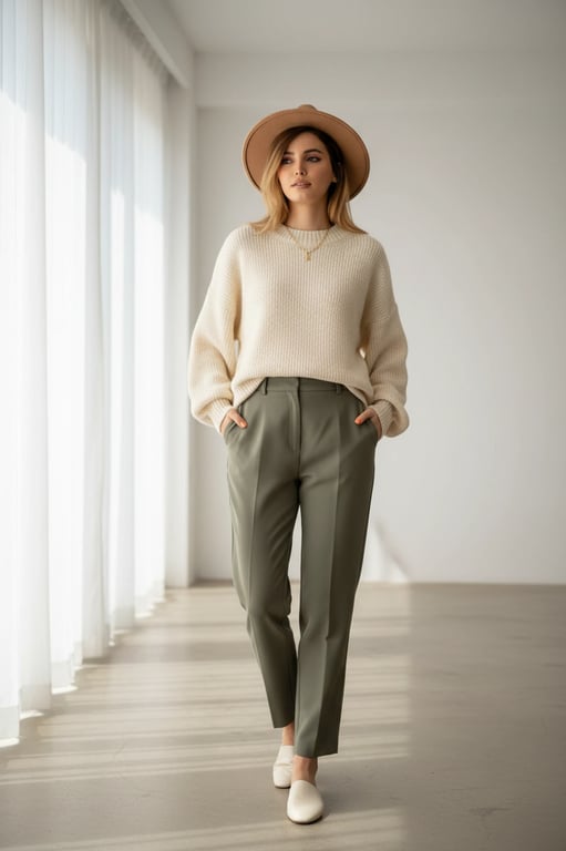 a portrait of a person in a minimalist casual look featuring oversized knit top, straight trousers, controlled drape, muted palette, relaxed elegance, natural indoor light