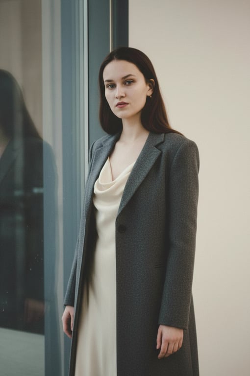 a portrait of a person wearing a minimalist long coat with straight cut, defined shoulder line, fluid inner dress, muted tones, precise tailoring, relaxed posture, soft ambient lighting
