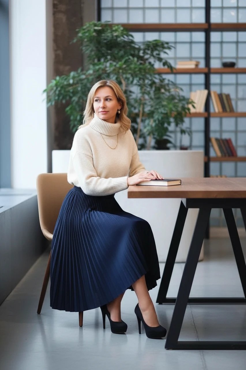 business casual outfits filter after transformation - portrait with refined business casual knit and skirt at work desk