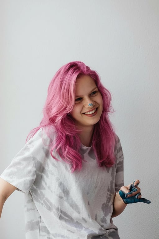 a portrait of a person reimagined with pink hair coloration, maintaining original hairstyle shape, volume, and lighting response