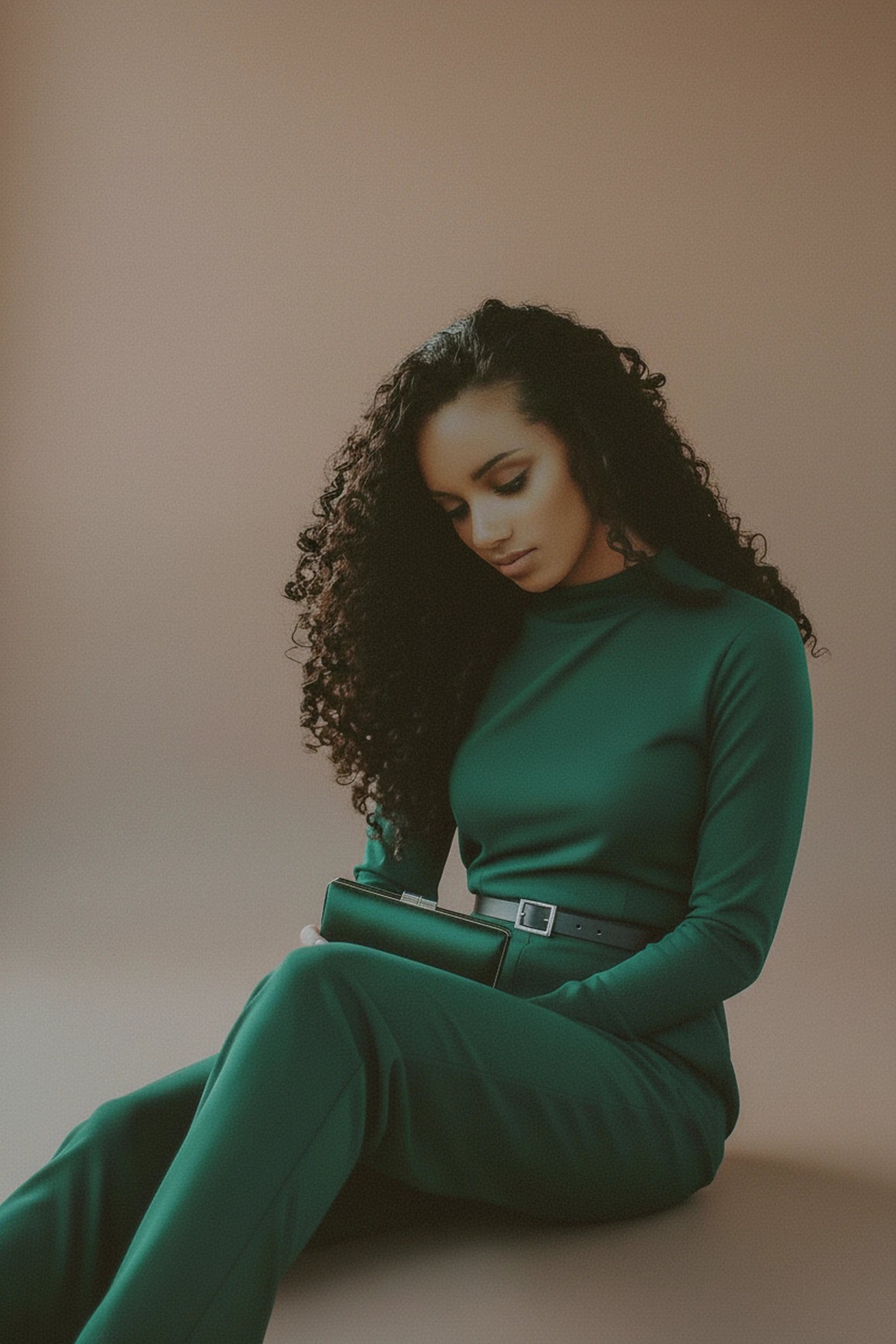 Chic Style filter after transformation - portrait in coordinated knit chic set inside warm modern lounge