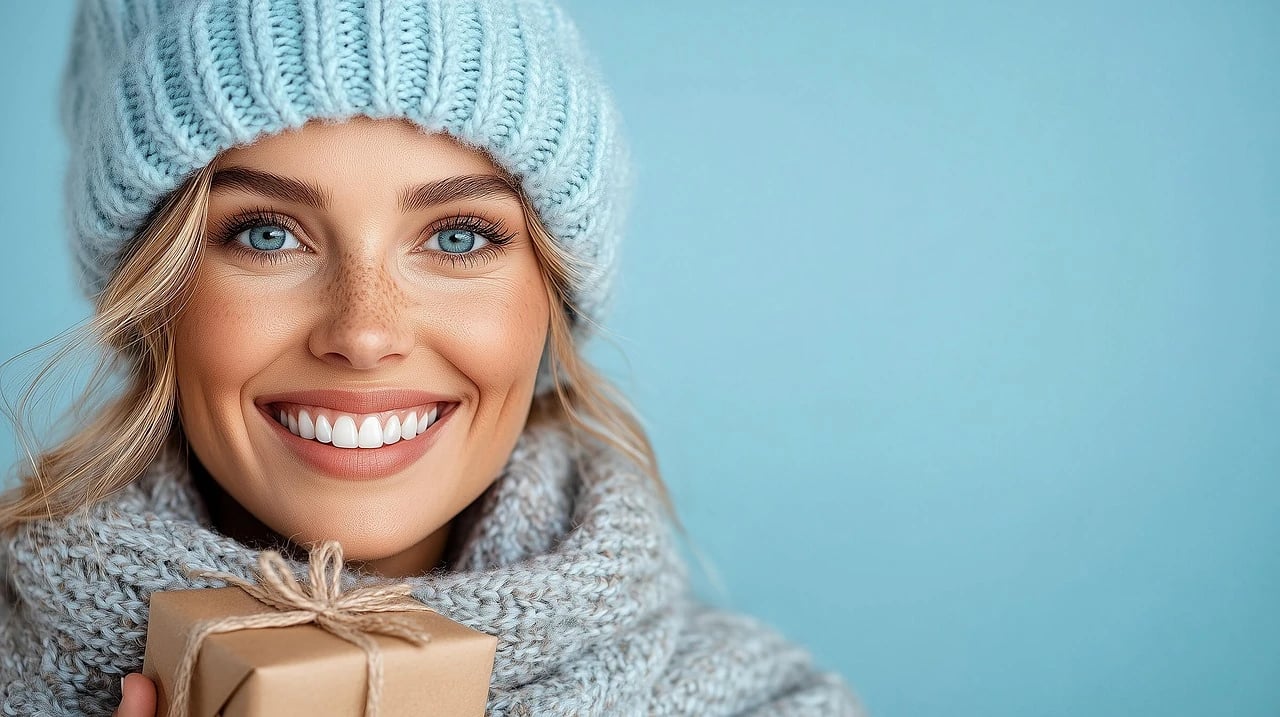AI remove color from image before photo - cheerful woman in blue sweater and hat smiling on light blue background