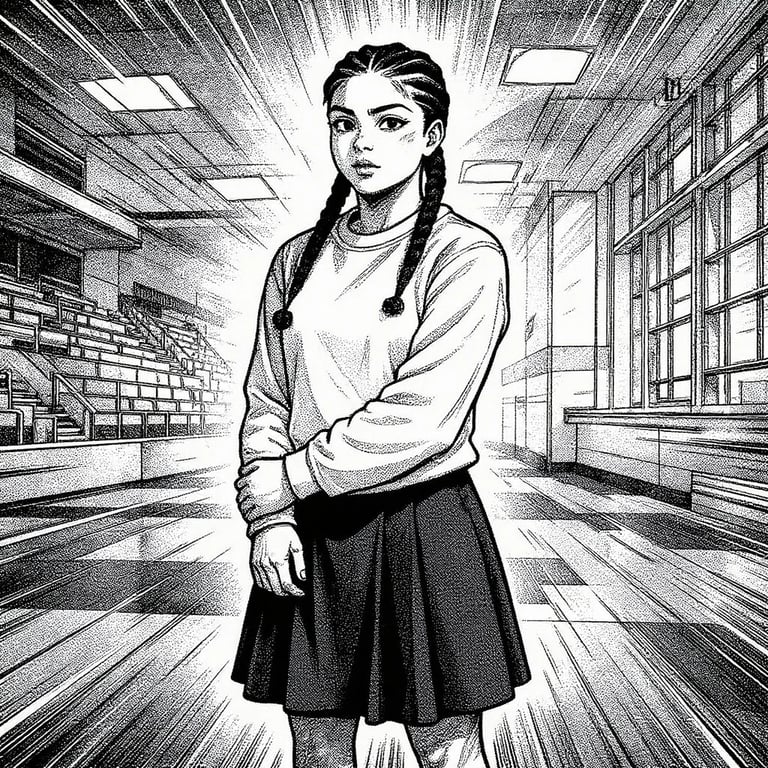 Manga art styles filter after transformation - portrait in energetic sports manga style with action lines and crowd suggestion