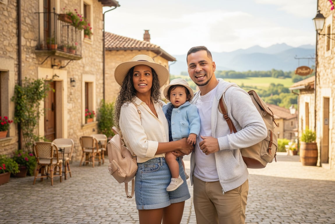 a portrait of a family transformed into a travel-themed family portrait, all members wearing coordinated casual travel outfits with backpacks or hats, placed in a scenic travel environment such as a city street or countryside, using dynamic standing or walking poses and curious engaged expressions