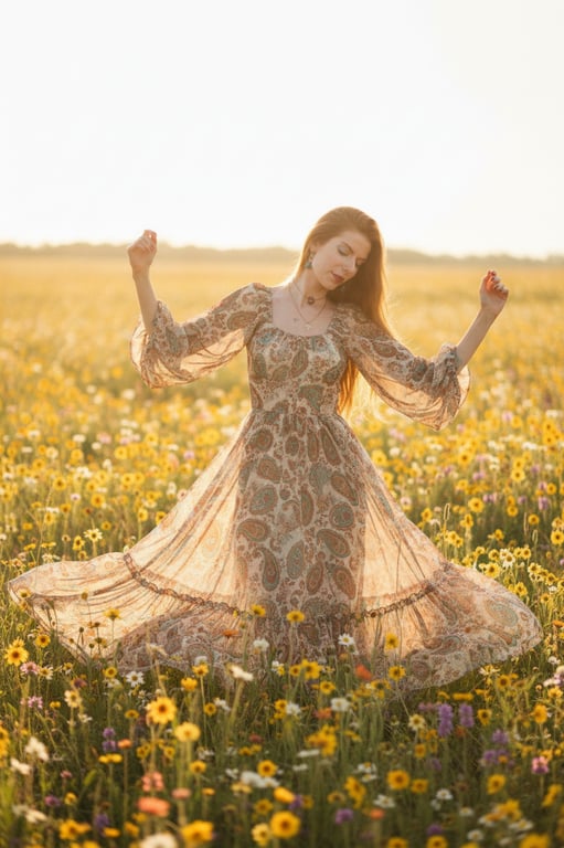 a portrait of a woman in flowy dress, 70s bohemian style, soft focus, hazy golden hour lighting, field of flowers, ethereal and peaceful vibe.