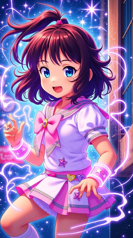 a portrait of a person styled as a magical girl mid-transformation, wearing a form-fitting magical dress with sailor collar, ribbon bow, pleated skirt, glowing accessories, wrist guards, knee-high boots, luminous highlights, and vibrant anime colors