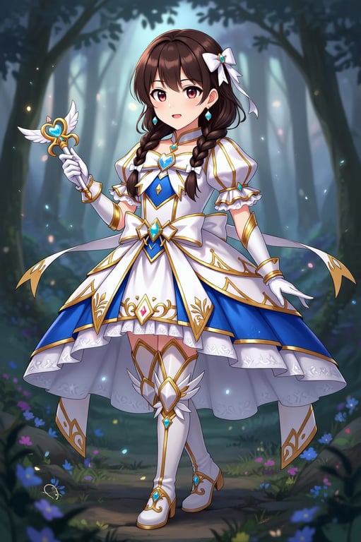 a portrait of a person transformed with elegant magical girl visuals, wearing a refined anime costume with structured silhouette, decorative ribbons, gloves, boots, fantasy outfit details, and luminous anime-style lighting